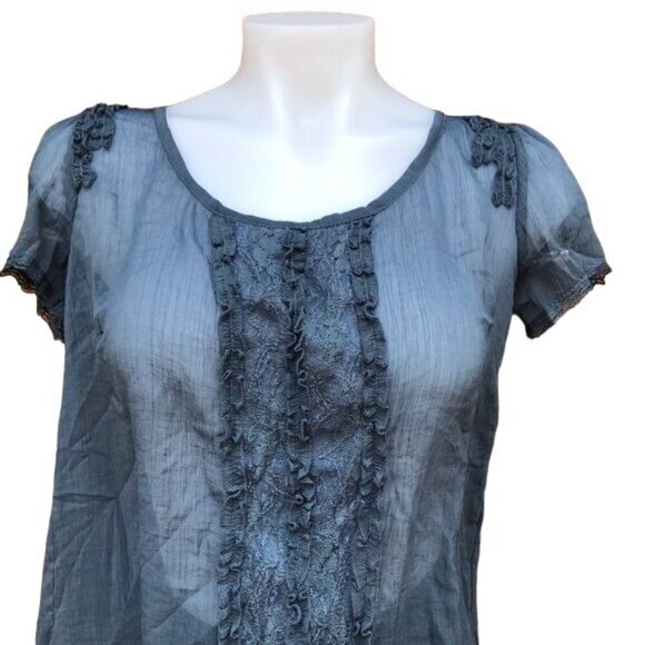 Willow & Clay Ruffle Blue Sheer Blouse Cottage Top Shirt Size M - Picture 3 of 8